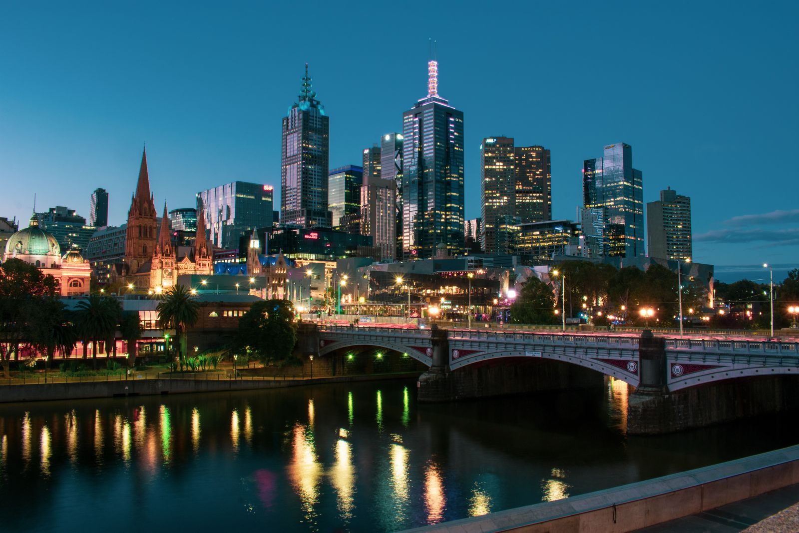 Melbourne's city skyline lit up at dusk across the Yarra River