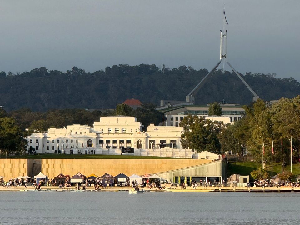 Lake Burley Griffin with Canberra's parliamentary area behind it