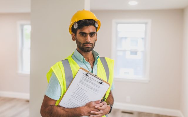 A young engineer in a hard hat and safety vest holding a clipboard