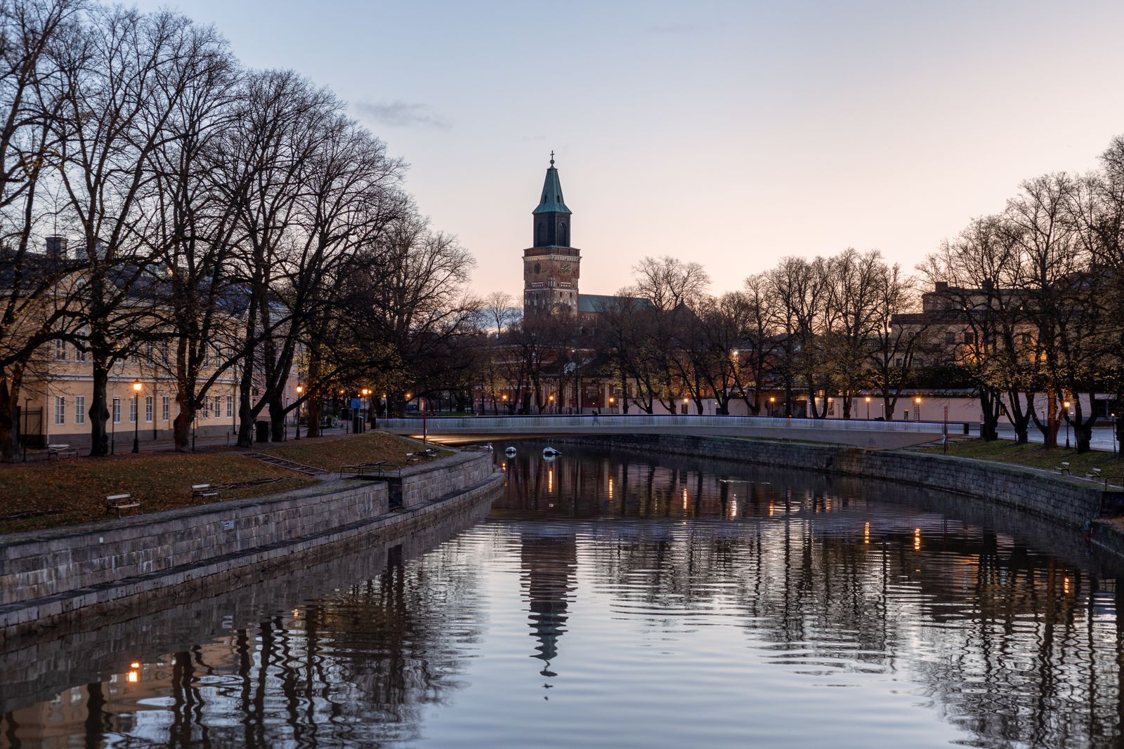 Turku Cathedral and the Aura River at dusk
