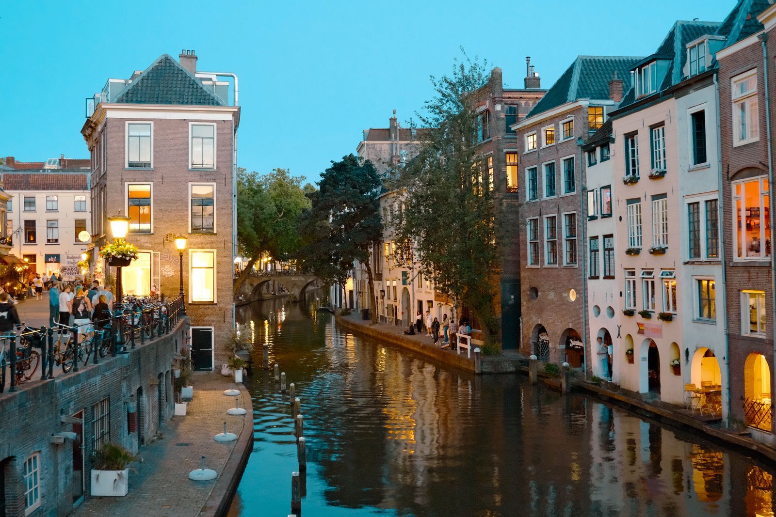 Utrecht's canal and old houses lit up in the evening
