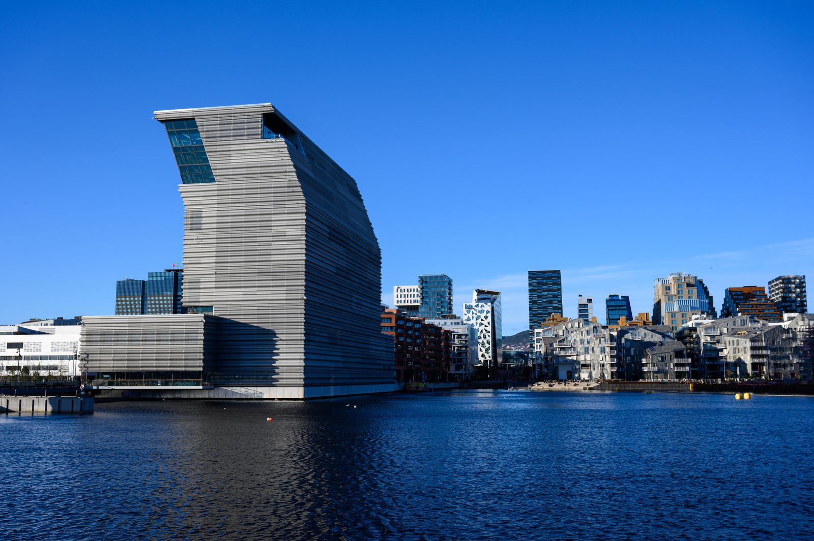 The Munch museum and Oslo's waterfront under a blue sky