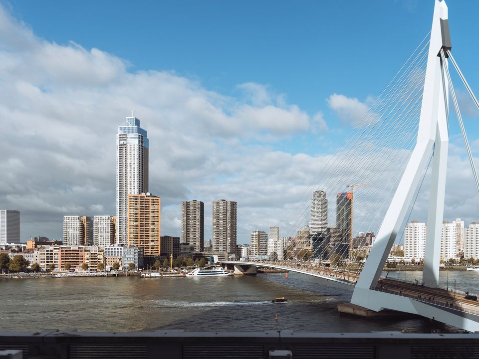 Rotterdam's Erasmus Bridge and skyline across the river