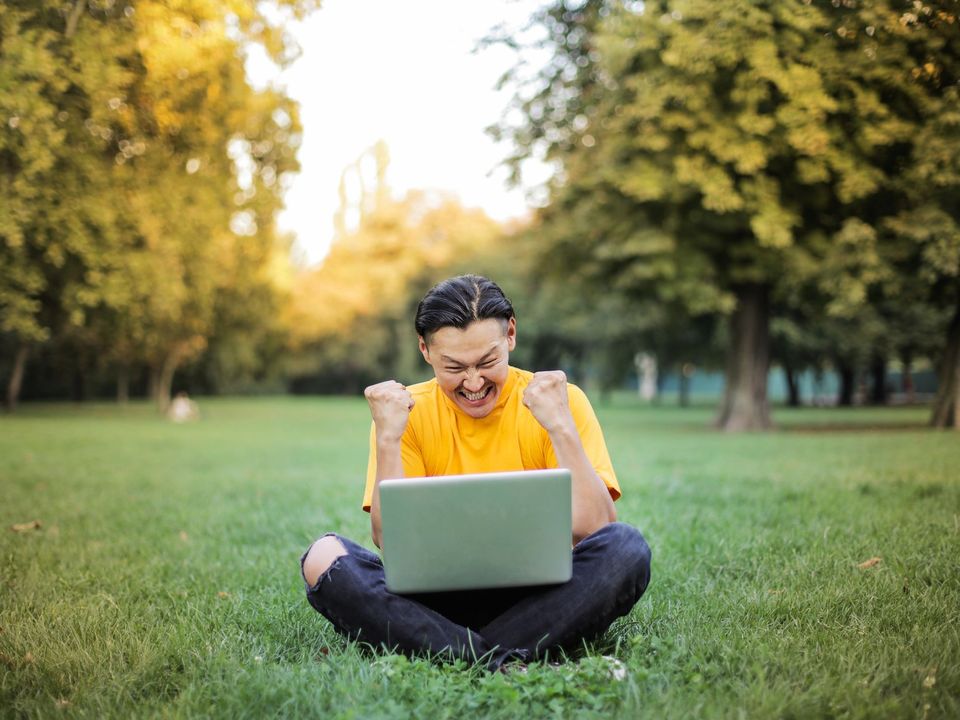 A young man celebrates success on his laptop in a sunlit park.